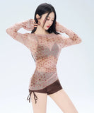 【3点セット】水着 ビキニ セクシー オフショルダー ドット柄 チュール 細見え ギャザー 長袖 ビーチ 温泉 JC7-KSD2639