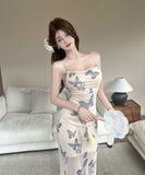 ロングドレス ホルターネック 蝶柄 セクシー 気質 背露出 名媛風 お洒落 YH2-DD6747