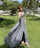 ロングドレス キャバドレス セクシー ビジュー付き Vネック バックレス キャミソール フレアシルエット プリーツ加工 バースデー JC2-XHY911117