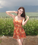ミニドレス　小花柄ホルターネックワンピース 夏のリゾート映え・タイ風バックレスドレスHMZ7-CDYFZ6-141-92590500