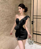 【3色】ミニドレス キャバドレス セクシー ワンショルダー フリル チェーン ボディコン フォーマル JC2-DD4038