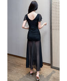 【2色】ロングドレス キャバドレス セクシー Vネック シアーメッシュ エレガント 透け感 ボディコン JC2-JX5852