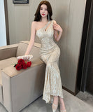 【3色】ロングドレス セクシー エレガント 気質 キラキラ 脚長効果 party 非対称 YH2-DD6665