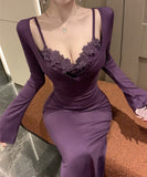 【2色】ロングドレス キャバドレス セクシー フェイクレイヤード レーストリム キャミソール 谷間魅せ 上品 タイト マーメイドワンピ 指名 JC2-DD6075