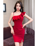 【2色】ミニドレス キャバドレス セクシー 韓国風 ワンショルダー キャミワンピ 上品 ボディコン JC2-JX5887