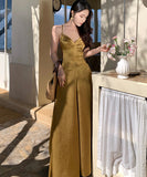 ロングドレス キャバドレス セクシー エレガント バックオープン ウエストマーク キャミワンピ ゴールド ギャザー JC2-XHY919324