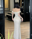 Lady's coco ロングドレス キャバドレス セクシー フレンチ オフショルダー スパンコール タイトシルエット 高見え ふわふわフェザー付き パーティー JC2-YKE450A8676