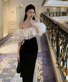 膝丈ドレス キャバドレス セクシー フレンチ ラメ入り フリル切り替え パフスリーブ オフショルダー ウエストマーク スリット入り JC2-XHY918509