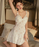 Lady's coco ルームウェア ランジェリー セクシー レース×ベロア パッド入り キャミワンピース プリーツ フラワープリント 大人可愛い LW8-GR6684