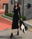 【3色】膝丈ドレス キャバドレス セクシー 韓国風 Vネック ボディコン リブニット タイト 出勤 デート JC2-MLS57256151