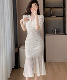 【2色】膝丈ドレス キャバドレス おしゃれ セクシー Vネック レース 気質 YH2-ZED888807GT415