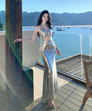 ロングドレス キャバドレス セクシー シルバー スパンコール 背中開き Vネック キラキラ 年会 二次会 JC2-XHY912609