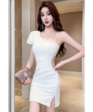 【2色】ミニドレス キャバドレス セクシー 肩見せ 上品 ボディコン ビジュー付き スリット入り 指名 クラブ JC2-JX5818