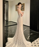 ロングドレス キャバドレス セクシー レース フリル ホルターネック バックオープン マーメイドライン パーティー JC2-XHY9895