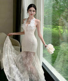 ロングドレス キャバドレス セクシー フレンチ レース ホルターネック シアー 細見え JC2-XHY919863