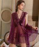 【3色】ルームウェア ランジェリー セクシー メッシュ透け感 レース切替 リボン ガウン付きセット 誘惑 ナイトドレス JC8-GR4812