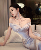 ロングドレス キャバドレス セクシー バックレス リボンデザイン リボンデザイン ツヤ感 オフショルダー サテン パーティー JC2-XHY918302