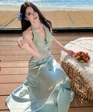 ロングドレス キャバドレス セクシー フレンチ 立体フラワー ホルターネック サテン ウエストマーク 上品 JC2-CD6-628-8100630