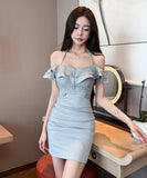 【3色】ミニドレス キャバドレス セクシー レース ローカット キャミワンピ フリル リボンストラップ 指名 JC2-YM8893