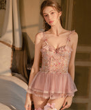 ルームウェア ランジェリー セクシー セット メッシュ スイート系 フリルスリーブ 刺繍入り 誘惑 レース JC8-GR6634