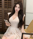 ミニドレス　名媛風ノースリーブ 高腰Aライン 涼感Vネック ドレスおしゃれ HMZ2-XKDD335A-2975-Jun9