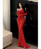 【2色】ロングドレス キャバドレス セクシー フレンチスタイル オフショルダー エレガント ウエストマーク 細見え パーティー バースデー JC2-XHY919202