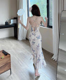 ロングドレス ホルターネック 蝶柄 セクシー 気質 背露出 名媛風 お洒落 YH2-DD6747