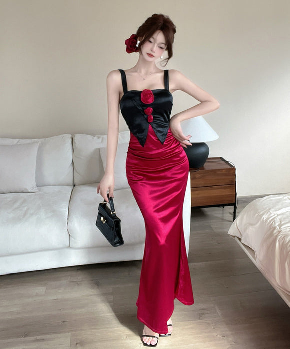 【2色】Lady's coco ロングドレス キャバドレス セクシー 韓国風 サテン 配色 フラワー装飾 スリット入り ボディコン JC2-MLS81282009