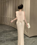 ロングドレス キャバドレス セクシー ベアトップ スパンコール ウエストマーク ショール付き バースデー パーティー JC2-DD3816