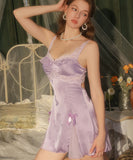 【2色】ルームウェア ランジェリー セクシー サテン ジャカード チュール シースルー Vネック バックオープン セット JC8-GR-WF6148