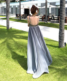 ロングドレス キャバドレス セクシー ビジュー付き Vネック バックレス キャミソール フレアシルエット プリーツ加工 バースデー JC2-XHY911117