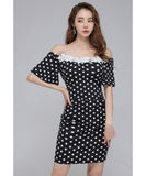 【2色】ミニドレス キャバドレス セクシー 韓国風 オフショルダー ドット柄 レース切り替え ボディコン JC2-JW3726NA71