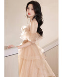 ロングドレス キャバドレス パーティードレス  チュール フレンチムード オフショルダー シャンパンカラー ステージ映え バースデー パーティー エンゲージメント JC2-ASNE201