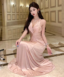 Lady's coco ロングドレス キャバドレス セクシー シャンパンピンク 調節可能 ディープV バックレス ツイストデザイン ギャザー入り 誕生日 パーティー JC2-XHY919295