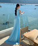 Lady's coco ロングドレス キャバドレス セクシー 肌見せデザイン カットアウト ウエスト ハイスリット ドレープ ライトブルー パーティー バースデー イベント JC2-XHY918251