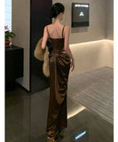 ロングドレス キャバドレス セクシー フェミニン フレンチ サテン カットアウト ドレープ 誕生日 パーティー JC2-XHY913262