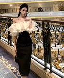 膝丈ドレス キャバドレス セクシー フレンチ ラメ入り フリル切り替え パフスリーブ オフショルダー ウエストマーク スリット入り JC2-XHY918509