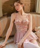 ルームウェア ランジェリー セクシー セット メッシュ スイート系 フリルスリーブ 刺繍入り 誘惑 レース JC8-GR6634