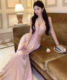 Lady's coco ロングドレス キャバドレス セクシー シャンパンピンク 調節可能 ディープV バックレス ツイストデザイン ギャザー入り 誕生日 パーティー JC2-XHY919295