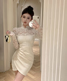 【2色】Lady's coco ミニドレス キャバドレス 清楚セクシー レースシースルー ロングスリーブ 大人可愛い 着やせ ボディコン ウエストシェイプ デート 女子会 お出かけ JC2-XKDD342-581-Sep28