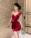 【3色】ミニドレス キャバドレス セクシー ワンショルダー フリル チェーン ボディコン フォーマル JC2-DD4038