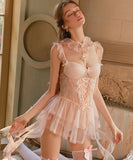 【2色】ルームウェア ランジェリー セクシー 谷間メイク メッシュ素材 レース切替 リボン フレアスリーブ 清楚系 JC8-GR5233