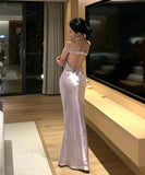 ロングドレス キャバドレス セクシー バックレス リボンデザイン リボンデザイン ツヤ感 オフショルダー サテン パーティー JC2-XHY918302