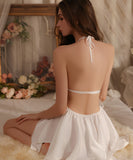 【6色】ルームウェア ランジェリー セクシー バックオープン ホルターネック ローカット 谷間メイク パッド付き バタフライデザイン ガウン付きセット JC8-GRP3945