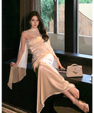 ロングドレス キャバドレス セクシー ベアトップ 着痩せ ショール付き スパンコール パーティー 誕生日 JC2-XHY919335