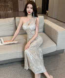 【3色】ロングドレス セクシー エレガント 気質 キラキラ 脚長効果 party 非対称 YH2-DD6665