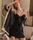 【3色】ルームウェア ランジェリー セクシー ベルベット フロッキー加工 メッシュ素材 レース切替 バックオープン キャミソール ガウン付きセット JC8-GR-M6898