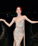 ロングドレス キャバドレス セクシー ドレープネック レース切り替え キャミワンピ ギャザー 着痩せ サテン バースデー パーティー JC2-XHY919336