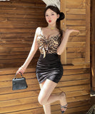 【2色】ミニドレス キャバドレス セクシー キャミソール レオパード柄 バイカラー サテン ヒップライン クラブ JC2-DD6361