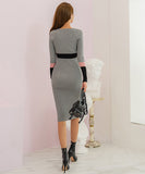 【3色】膝丈ドレス セクシー 韓国風 Vネック タイト ミディワンピ コンビカラー 出勤 デート お出かけ JC2-MLS57526258